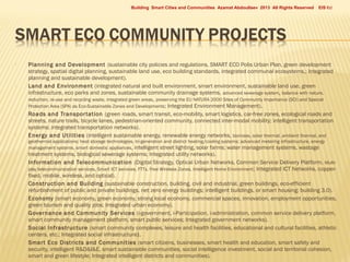 Building Smart Cities and Communities Azamat Abdoullaev 2013 All Rights Reserved









EIS ltd

Planning and Development (sustainable city policies and regulations, SMART ECO Polis Urban Plan, green development
strategy, spatial digital planning, sustainable land use, eco building standards, integrated communal ecosystems,; Integrated
planning and sustainable development).
Land and Environment (integrated natural and built environment, smart environment, sustainable land use, green
infrastructure, eco parks and zones, sustainable community drainage systems, advanced sewerage system, balance with nature,
reduction, re-use and recycling waste, integrated green areas, preserving the EU NATURA 2000 Sites of Community Importance (SCI) and Special
Protection Area (SPA) as Eco-Sustainable Zones and Developments; Integrated Environment Management).
Roads and Transpor tation (green roads, smart transit, eco-mobility, smart logistics, car-free zones, ecological roads and
streets, nature trails, bicycle lanes, pedestrian-oriented community, connected inter-modal mobility; intelligent transportation
systems; integrated transportation networks).
Energy and Utilities (intelligent sustainable energy, renewable energy networks, biomass, solar thermal, ambient thermal, and
geothermal applications; heat storage technologies, tri-generation and district heating/cooling systems; advanced metering infrastructure, energy
management systems, smart domestic appliances, intelligent street lighting, solar farms; water management systems, wastage













treatment systems, biological sewerage systems; Integrated utility networks).
Information and Telecommunication (Digital Strategy, Optical Urban Networks, Common Service Delivery Platform, Multiplay telecommunication services, Smart ICT services, FTTx, Free Wireless Zones, Intelligent Home Environment ; Integrated ICT Networks, copperfixed, mobile, wireless, and optical).
Construction and Building (sustainable construction, building, civil and industrial, green buildings, eco-efficient
refurbishment of public and private buildings, net zero energy buildings; intelligent buildings, or smart housing; building 3.0).
Economy (smart economy, green economy, strong local economy, commercial spaces, innovation, employment opportunities,
green tourism and quality jobs; Integrated urban economy).
Governance and Community Ser vices (i-government, i-Participation, i-administration, common service delivery platform,
smart community management platform, smart public services; Integrated government networks).
Social Infrastructure (smart community complexes, leisure and health facilities, educational and cultural facilities, athletic
centers, etc.; Integrated social infrastructure).
Smar t Eco Districts and Communities (smart citizens, businesses, smart health and education, smart safety and
security, intelligent R&D&I&E, smart sustainable communities, social intelligence investment, social and territorial cohesion,
smart and green lifestyle; Integrated intelligent districts and communities).

 