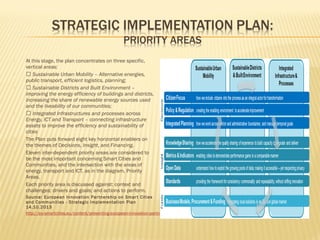 

















At this stage, the plan concentrates on three specific,
vertical areas:
 Sustainable Urban Mobility – Alternative energies,
public transport, efficient logistics, planning;
 Sustainable Districts and Built Environment –
improving the energy efficiency of buildings and districts,
increasing the share of renewable energy sources used
and the liveability of our communities;
 Integrated Infrastructures and processes across
Energy, ICT and Transport – connecting infrastructure
assets to improve the efficiency and sustainability of
cities
The Plan puts forward eight key horizontal enablers on
the themes of Decisions, Insight, and Financing.
Eleven inter-dependent priority areas are considered to
be the most important concerning Smart Cities and
Communities, and the intersection with the areas of
energy, transport and ICT, as in the diagram, Priority
Areas.
Each priority area is discussed against: context and
challenges; drivers and goals; and actions to perform.
Source: European Innovation Par tnership on Smar t Cities
and Communities - Strategic Implementation Plan
14.10.2013
http://eu-smartcities.eu/content/presenting-european-innovation-partnership-smart-cities-and-communities

 