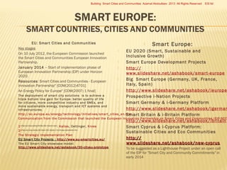 Building Smart Cities and Communities Azamat Abdoullaev 2013 All Rights Reserved

EU: Smar t Cities and Communities
Key stages
On 10 July 2012, the European Commission launched
the Smart Cities and Communities European Innovation
Partnership.
Januar y 2014 – Start of implementation phase of
European Innovation Partnership (EIP) under Horizon
2020.
Resources: Smart Cities and Communities - European
Innovation Partnership" [COM(2012)4701]
An Energy Policy for Europe" [COM(2007) 1 final]





















Smar t Europe:

EU 2020 (Smar t, Sustainable and
Inclusive Growth)

Smar t Europe Development Projects

http://
www.slideshare.net/ashabook/smar t-europe

Big Smar t Europe (Germany, UK, France,
Italy, Spain)

http://www.slideshare.net/ashabook/ieurope
The deployment of smar t city solutions is to achieve a

Prospective i-Nation Projects
triple bottom line gain for Europe: better quality of life

for citizens, more competitive industry and SMEs, and
Smar t Germany & i-Germany Platform
more sustainable energy, transpor t and ICT systems and

http://www.slideshare.net/ashabook/igerman
infrastructures .
http://ec.europa.eu/energy/technology/initiatives/smar t_cities_en.htm

Smar t Britain & i-Britain Platform
Communication from the Commission that launched the European Innovation Par tnership on Smar t Cities and Communities (EIP-SCC)

http://www.slideshare.net/ashabook/ibritain
 
1 st  High Lev el Group meet ing 14t h May 2013: Executive report : Kallas, Oettinger, Kroes 

Smar t Cyprus & i-Cyprus Platform:
2 nd  High Level Group m eet ing 14t h Oct ober 2013: Adoption of t he Strat egic I mplementation Plan  
Sustainable Cities and Eco Communities
The Strategic Implementation Plan  

http://
EU Smar t City Projects : http://www.eu-smar tcities.eu/
www.slideshare.net/ashabook/new -cyprus
The EU Smar t City showcase model :
http://www.slideshare.net/ashabook/30-cityeu-prototype





EIS ltd





To be suggested as a Lighthouse Project under an open call
of the EIP for "Smart City and Community Commitments" in
early 2014

 