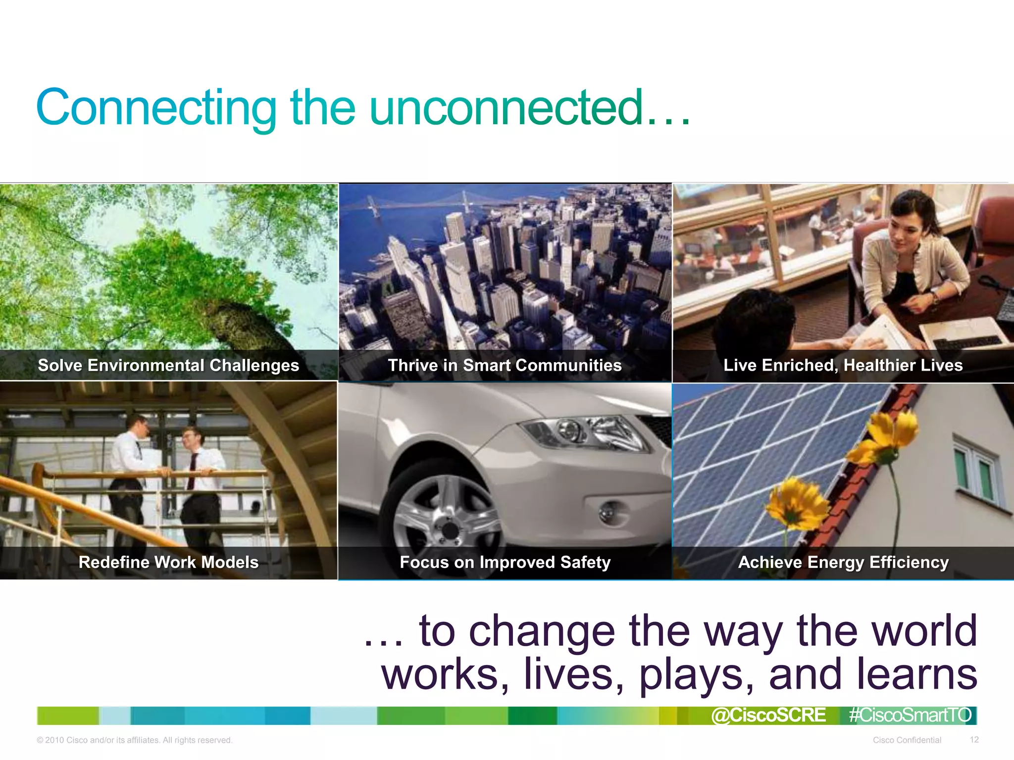 © 2010 Cisco and/or its affiliates. All rights reserved. Cisco Confidential 12
Solve Environmental Challenges Thrive in Smart Communities
Focus on Improved Safety Achieve Energy Efficiency
… to change the way the world
works, lives, plays, and learns
Live Enriched, Healthier Lives
Redefine Work Models
@CiscoSCRE #CiscoSmartTO
 