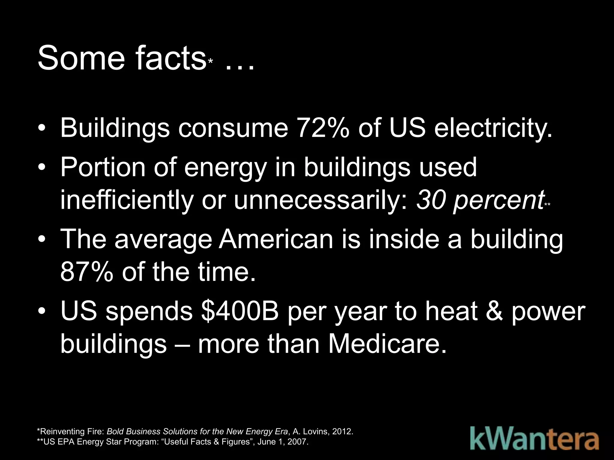 Some facts* …
• Buildings consume 72% of US electricity.
• Portion of energy in buildings used
  inefficiently or unnecessarily: 30 percent                                          **



• The average American is inside a building
  87% of the time.
• US spends $400B per year to heat & power
  buildings – more than Medicare.

*Reinventing Fire: Bold Business Solutions for the New Energy Era, A. Lovins, 2012.
**US EPA Energy Star Program: ―Useful Facts & Figures‖, June 1, 2007.
 