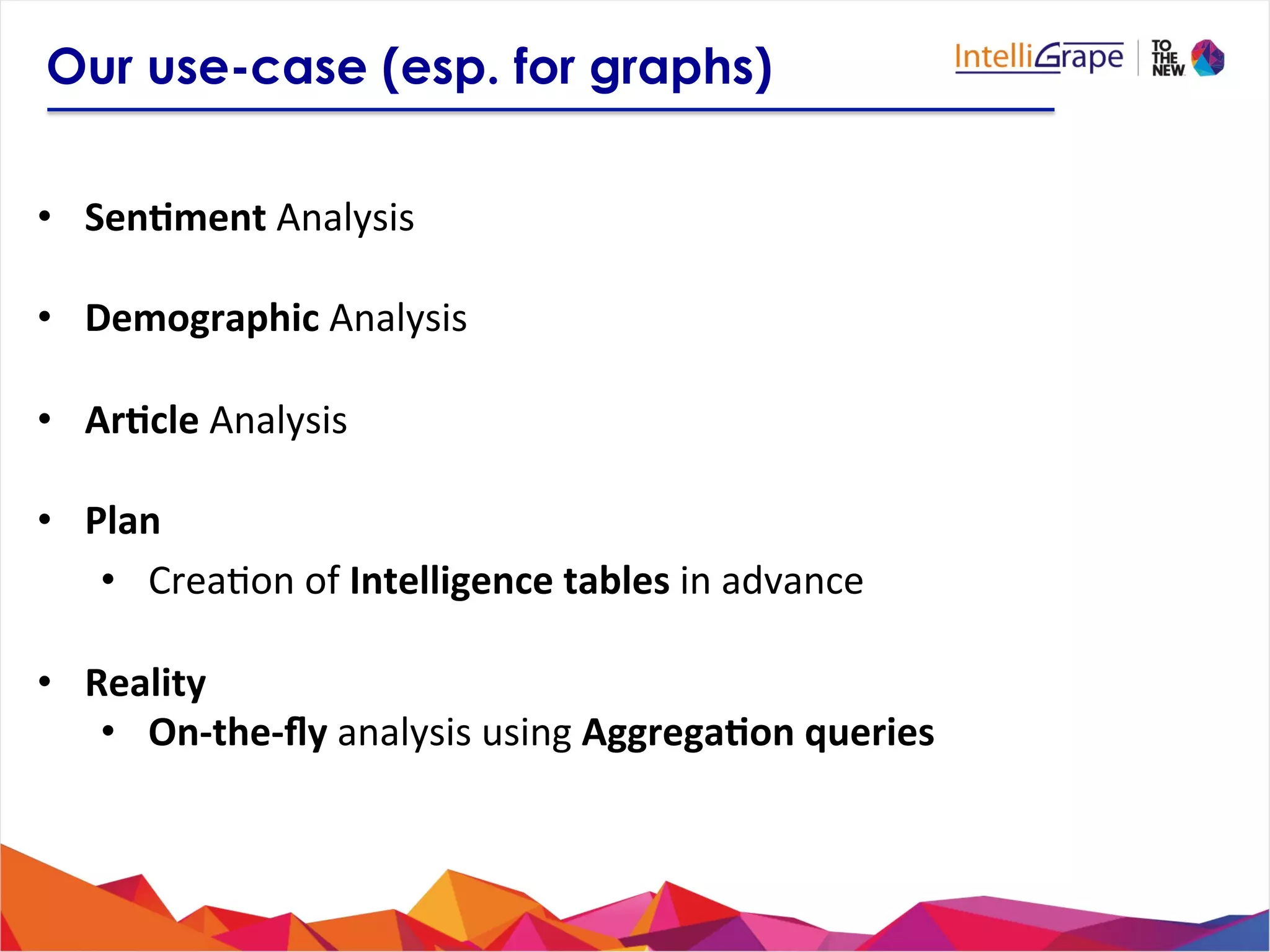 Our use-case (esp. for graphs)
•  Sen6ment	
  Analysis	
  
•  Demographic	
  Analysis	
  
•  Ar6cle	
  Analysis	
  
•  Plan	
  
•  Crea?on	
  of	
  Intelligence	
  tables	
  in	
  advance	
  
•  Reality	
  
•  On-­‐the-­‐ﬂy	
  analysis	
  using	
  Aggrega6on	
  queries	
  
 