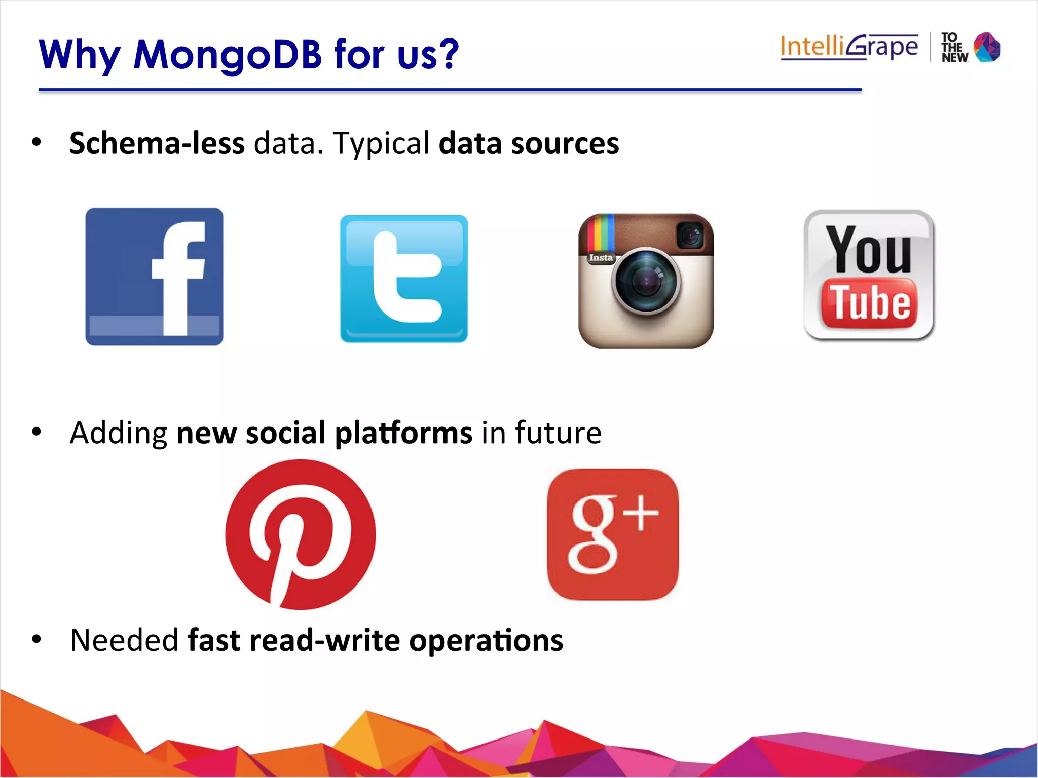 •  Schema-­‐less	
  data.	
  Typical	
  data	
  sources	
  
	
  
•  Adding	
  new	
  social	
  pla4orms	
  in	
  future	
  
•  Needed	
  fast	
  read-­‐write	
  opera6ons	
  
Why MongoDB for us?
 