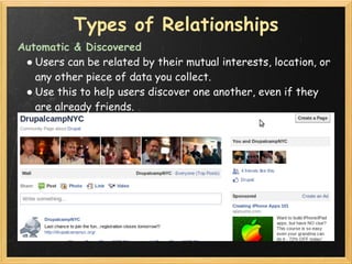 Types of Relationships
Automatic & Discovered
 ● Users can be related by their mutual interests, location, or
   any other...