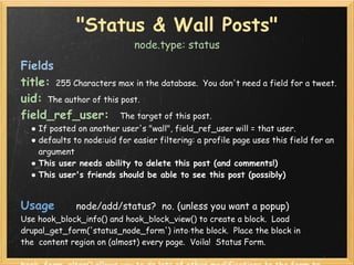 "Status & Wall Posts"
                             node.type: status

Fields
title: 255 Characters max in the database.  Y...