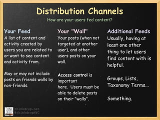 Distribution Channels
                     How are your users fed content?

Your Feed                   Your "Wall"       ...