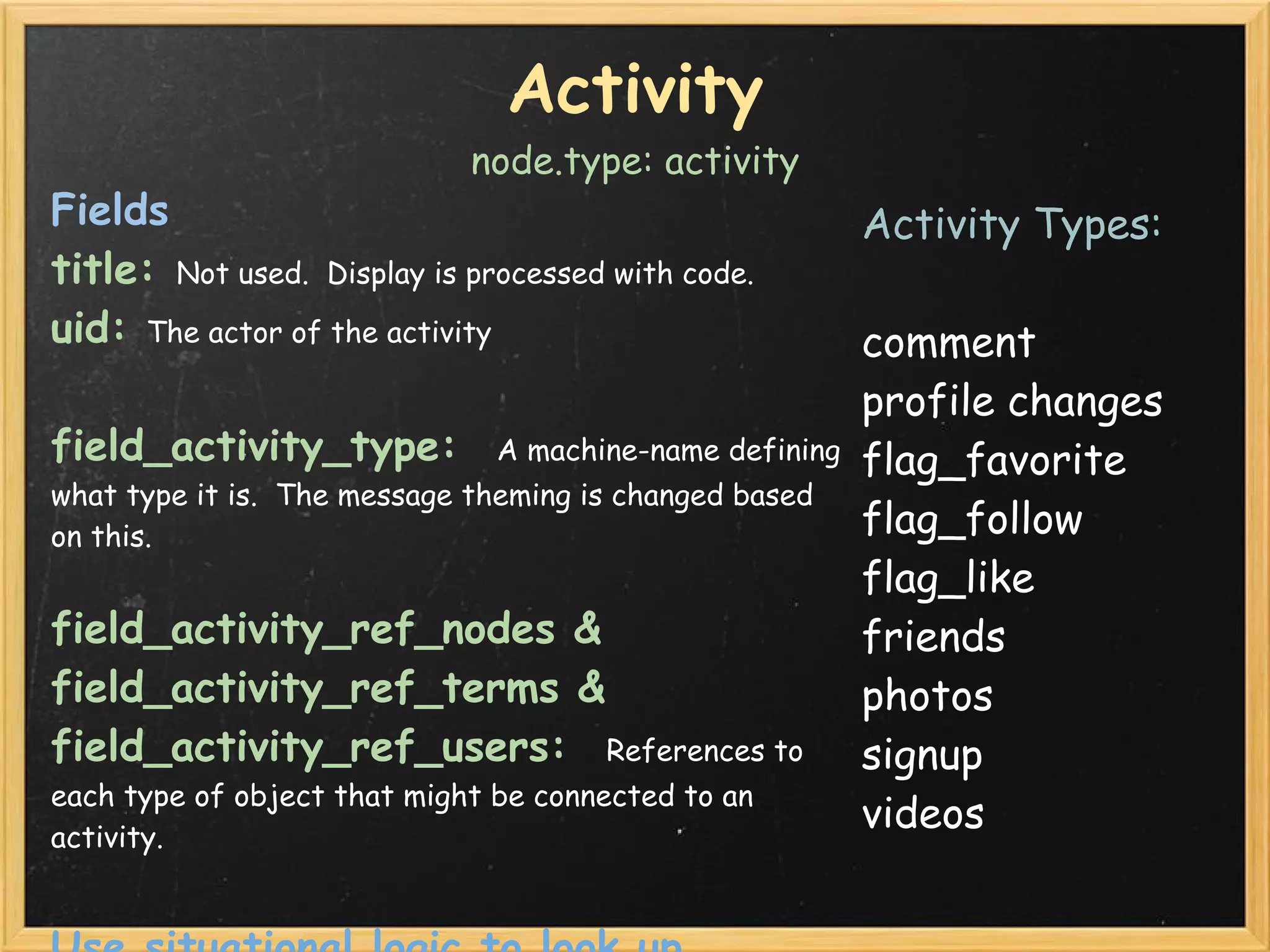 Activity
                             node.type: activity
Fields                                                   Activity Types:
title: Not used.  Display is processed with code.
uid: The actor of the activity                           comment
                                                         profile changes 
field_activity_type:  A machine-name defining            flag_favorite
what type it is.  The message theming is changed based
on this.                                                 flag_follow 
                                                         flag_like
field_activity_ref_nodes &                               friends
field_activity_ref_terms &                               photos
field_activity_ref_users:  References to                 signup
each type of object that might be connected to an
activity.
                                                         videos
 