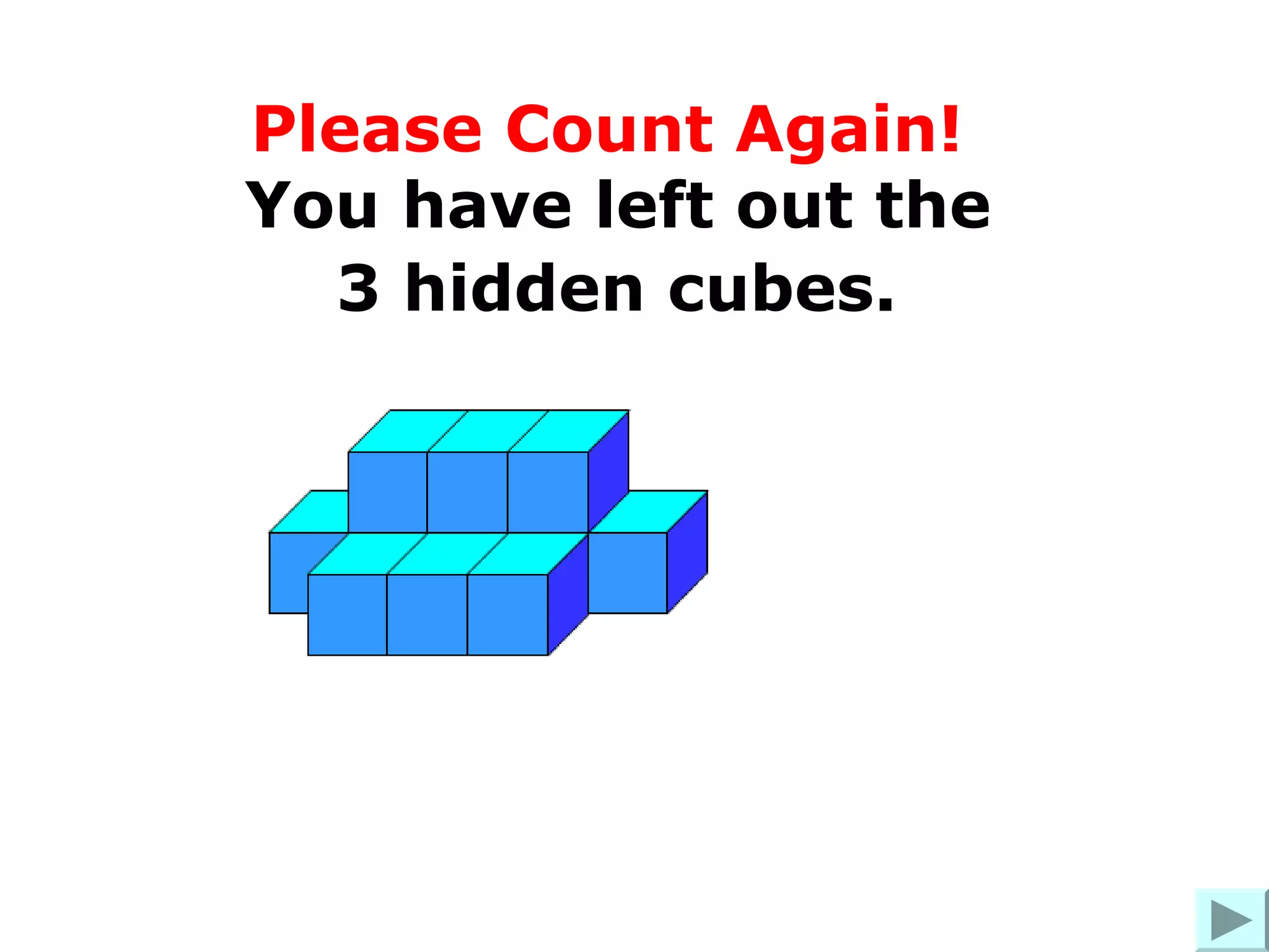 Please Count Again!
You have left out the
  3 hidden cubes.
 