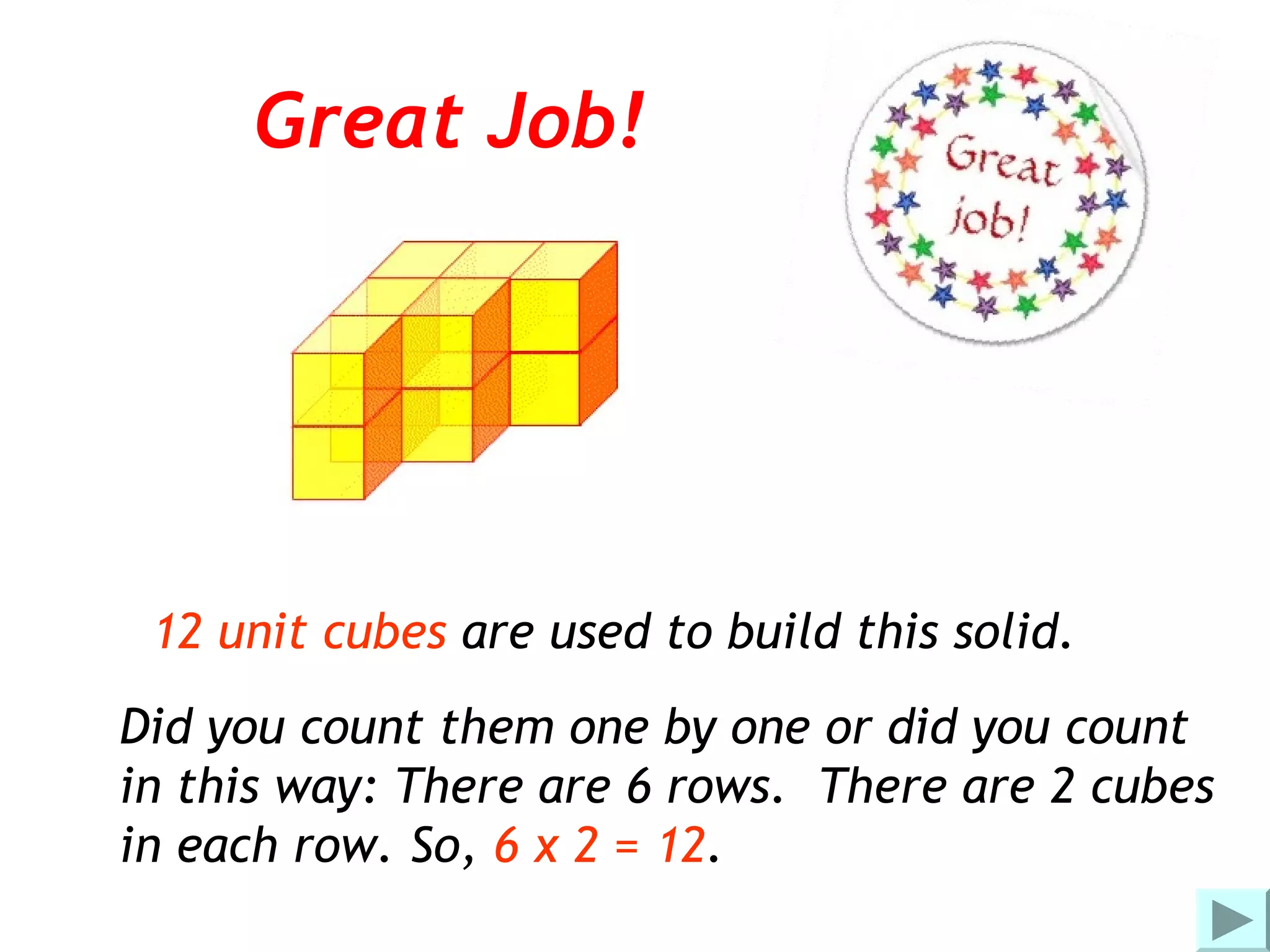 Great Job!




 12 unit cubes are used to build this solid.
Did you count them one by one or did you count
in this way: There are 6 rows. There are 2 cubes
in each row. So, 6 x 2 = 12.
 