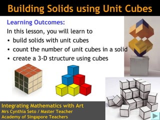Building Solids using Unit Cubes
  Learning Outcomes:
  In this lesson, you will learn to
  • build solids with unit cubes
  • count the number of unit cubes in a solid
  • create a 3-D structure using cubes




Integrating Mathematics with Art
Mrs Cynthia Seto / Master Teacher
Academy of Singapore Teachers
 