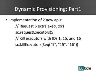 Dynamic Provisioning: Part1
• Implementation of 2 new apis:
// Request 5 extra executors
sc.requestExecutors(5)
// Kill executors with IDs 1, 15, and 16
sc.killExecutors(Seq("1", "15", "16"))
 
