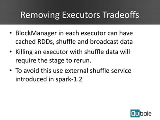 Removing Executors Tradeoffs
• BlockManager in each executor can have
cached RDDs, shuffle and broadcast data
• Killing an executor with shuffle data will
require the stage to rerun.
• To avoid this use external shuffle service
introduced in spark-1.2
 