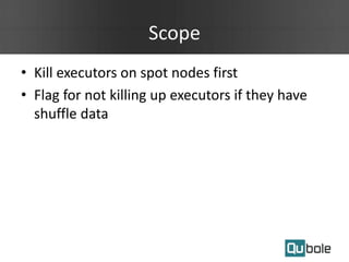 Scope
• Kill executors on spot nodes first
• Flag for not killing up executors if they have
shuffle data
 