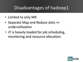 Disadvantages of hadoop1
• Limited to only MR
• Separate Map and Reduce slots =>
underutilization
• JT is heavily loaded for job scheduling,
monitoring and resource allocation.
 