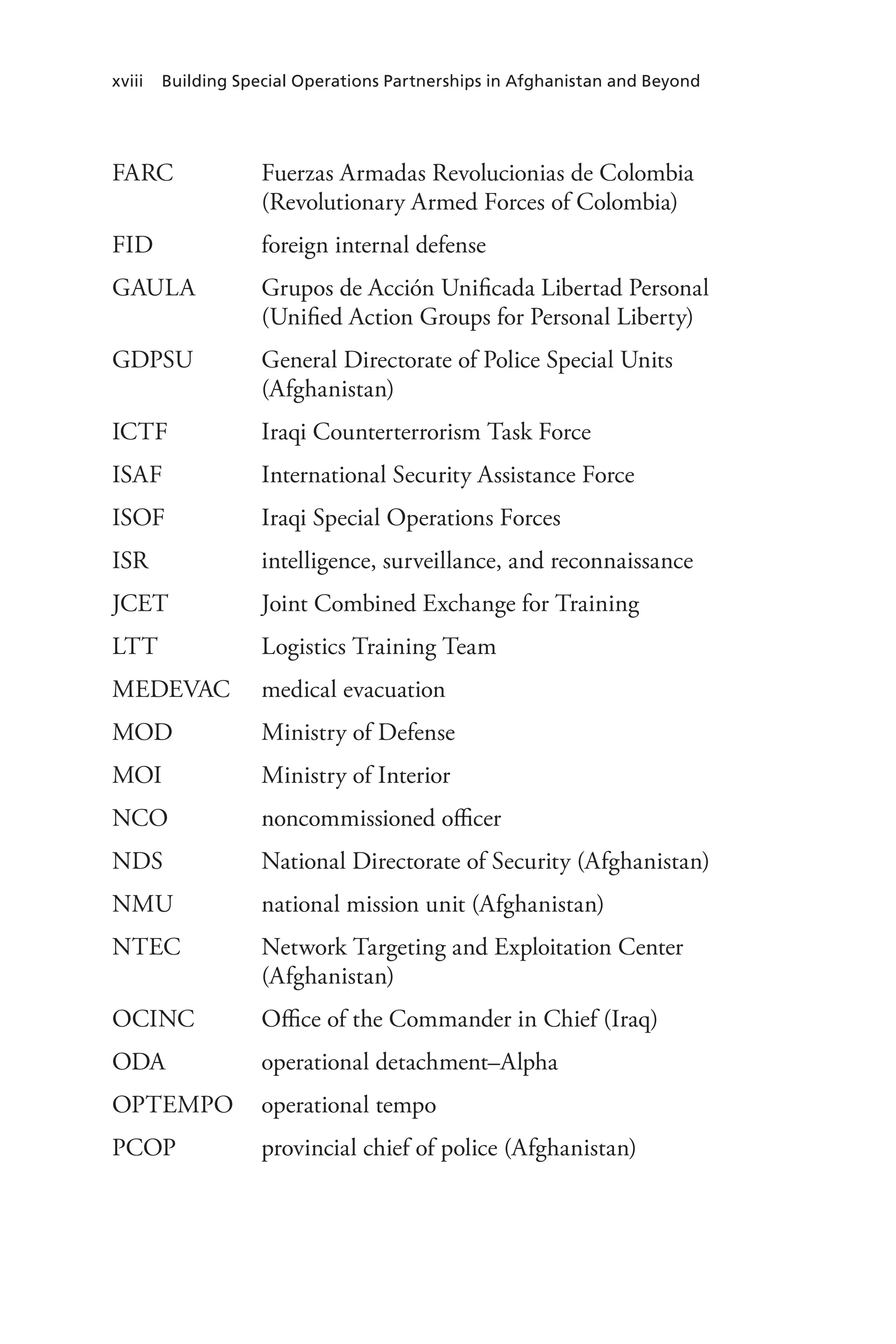 xviii Building Special Operations Partnerships in Afghanistan and Beyond
FARC Fuerzas Armadas Revolucionias de Colombia
(Revolutionary Armed Forces of Colombia)
FID foreign internal defense
GAULA Grupos de Acción Unificada Libertad Personal
(Unified Action Groups for Personal Liberty)
GDPSU General Directorate of Police Special Units
(Afghanistan)
ICTF Iraqi Counterterrorism Task Force
ISAF International Security Assistance Force
ISOF Iraqi Special Operations Forces
ISR intelligence, surveillance, and reconnaissance
JCET Joint Combined Exchange for Training
LTT Logistics Training Team
MEDEVAC medical evacuation
MOD Ministry of Defense
MOI Ministry of Interior
NCO noncommissioned officer
NDS National Directorate of Security (Afghanistan)
NMU national mission unit (Afghanistan)
NTEC Network Targeting and Exploitation Center
(Afghanistan)
OCINC Office of the Commander in Chief (Iraq)
ODA operational detachment–Alpha
OPTEMPO operational tempo
PCOP provincial chief of police (Afghanistan)
 
