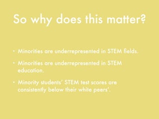 So why does this matter?
• Minorities are underrepresented in STEM ﬁelds.
• Minorities are underrepresented in STEM
education.
• Minority students’ STEM test scores are
consistently below their white peers’.
 