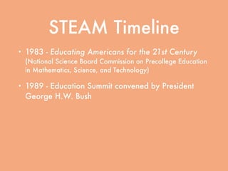 STEAM Timeline
• 1983 - Educating Americans for the 21st Century
(National Science Board Commission on Precollege Education
in Mathematics, Science, and Technology)
• 1989 - Education Summit convened by President
George H.W. Bush
• 1994 - Goals 2000: Educate America signed into
law by President Bill Clinton
• 2001 - No Child Left Behind signed into law by
President George W. Bush
 