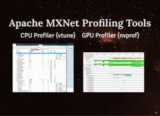 Apache MXNet Proﬁling ToolsApache MXNet Proﬁling Tools
CPU Profiler (vtune) GPU Profiler (nvprof)
45
 