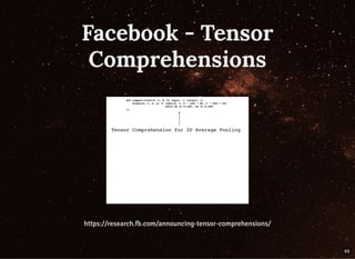 Facebook - TensorFacebook - Tensor
ComprehensionsComprehensions
https://research.fb.com/announcing-tensor-comprehensions/https://research.fb.com/announcing-tensor-comprehensions/
49
 