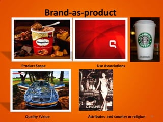 Brand-as-product
10
Product Scope
Attributes and country or religionQuality /Value
Use Associations
 