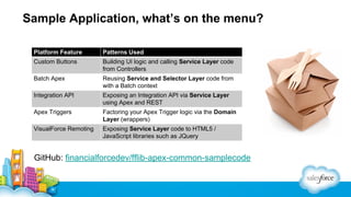 Sample Application, what’s on the menu?
Platform Feature

Patterns Used

Custom Buttons

Building UI logic and calling Service Layer code
from Controllers

Batch Apex

Reusing Service and Selector Layer code from
with a Batch context

Integration API

Exposing an Integration API via Service Layer
using Apex and REST

Apex Triggers

Factoring your Apex Trigger logic via the Domain
Layer (wrappers)

VisualForce Remoting

Exposing Service Layer code to HTML5 /
JavaScript libraries such as JQuery

GitHub: financialforcedev/fflib-apex-common-samplecode

 