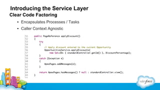 Introducing the Service Layer
Clear Code Factoring
▪ Encapsulates Processes / Tasks
▪ Caller Context Agnostic

 