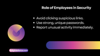 RoleofEmployeesinSecurity
Avoidclickingsuspiciouslinks.
Usestrong,uniquepasswords.
Reportunusualactivityimmediately.
©digitdefence.com
 