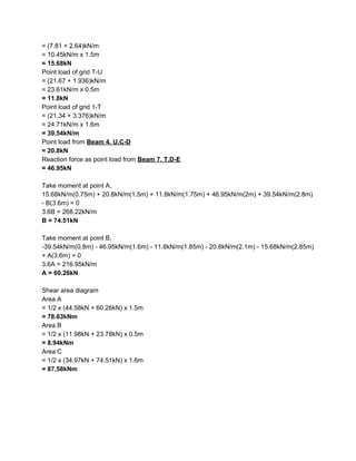 = (7.81 + 2.64)kN/m
= 10.45kN/m​ ​x 1.5m
= 15.68kN
Point load of grid T-U
= (21.67 + 1.936)kN/m
= 23.61kN/m x 0.5m
= 11.8kN
Point load of grid 1-T
= (21.34 + 3.376)kN/m
= 24.71kN/m x 1.6m
= 39.54kN/m
Point load from ​Beam 4. U,C-D
= 20.8kN
Reaction force as point load from ​Beam 7. T,D-E
= 46.95kN
Take moment at point A,
15.68kN/m(0.75m) + 20.8kN/m(1.5m) + 11.8kN/m(1.75m) + 46.95kN/m(2m) + 39.54kN/m(2.8m)
- B(3.6m) = 0
3.6B = 268.22kN/m
B = 74.51kN
Take moment at point B,
-39.54kN/m(0.8m) - 46.95kN/m(1.6m) - 11.8kN/m(1.85m) - 20.8kN/m(2.1m) - 15.68kN/m(2.85m)
+ A(3.6m) = 0
3.6A = 216.95kN/m
A = 60.26kN
Shear area diagram
Area A
= 1/2 x (44.58kN + 60.26kN) x 1.5m
= 78.63kNm
Area B
= 1/2 x (11.98kN + 23.78kN) x 0.5m
= 8.94kNm
Area C
= 1/2 x (34.97kN + 74.51kN) x 1.6m
= 87.58kNm
 