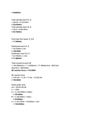 = 9.84kN/m
Total ultimate load X-4, E
= (28.35 + 6.72) kN/m
= 35.07kN/m
Total ultimate load 2-X, E
= (34.9 + 9.84) kN/m
= 44.74kN/m
Point load from beam X, D-E
= ​11.34kN/m
Distributed load X-4, E
= 35.07kN/m x 4m
= 140.28kN
Distribution load 2-X, E
= 44.74kN/m x 1.6m
= 71.58kN/m
Total moment of point 4E
= 140.28kN(2m) + 11.34kN(4m) + 71.58kN(4.8m) - 2E(5.6m)
2E(5.6m) = 669.5kNm
2E reaction force = 119.55kN
4E reaction force
= (140.28 + 11.34 + 71.58 - 119.55) kN
= 103.65kN
Shear graph area
x/4 = 36.63/140.28
x = 1.04m
A = ½ (103.65kN x 2.96m)
= 153.4kNm
B = ½ (36.63kN x 1.04m)
= 19.05kNm
C = ½ (47.97kN+ 119.55kN) x 1.6m
= 134.02kNm
 
