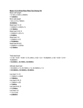 Beam 1-X, D (First Floor Plan) Teo Chong Yih
Beam self weight
= 0.15m x 0.45m x 24kN/m
= 1.62kN/m
Brick wall weight
= 3m x 0.15 x 19kN/m
=8.55kN/m
Dead load 1-V, D
= 3.6kN/m² x 2.65/2 x ⅔
= 3.18kN/m
Dead load V-W, D
= 3.6kN/m² x 2/2 x ⅔
= 2.4kN/m
Dead load 1-X
= 3.6kN/m² x 5.3
= 19.08kN/m
Dead load W-X,D
= 3.6kN/m² x 0.875m
= 3.15kN/m
Total dead load
= (1.62 + 8.55 + 19.08 + 3.15 ) kN/m, (1.62 + 2.4 + 19.08)kN/m, (1.62 + 8.55 + 3.18 +
19.08)kN/m
= 32.4kN/m , 23.1kN/m, 32.43kN/m
Ultimate dead load
= 32.4kN/m x 1.4, 23.1kN/m x 1.4, 32.43kN/m x 1.4
= 45.36kN/m, 32.34kN/m, 45.4kN/m
Live load 1-V, D
= 1.5kN/m² x 2.65/2
= 1.99kN/m
Live load V-W, D
= 1.5kN/m² x 2/2
= 1.5kN/m
Live load W-X, D
= 1.31kN/m
Live load 1-X
= 1.5 x 5.3/2
= 3.98kN/m
 