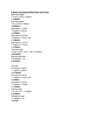 5. Beam 1-2,C (Ground Floor Plan) Teo Vi Vien
Beam self weight
= 0.15m x 0.45m x 24kN/m
= 1.62kN/m
Brick wall weight
= 3m x 0.15m x 19kN/m
= 8.55kN/m
Dead load at 1-2,B-C
= 3.6kN/m² x 2.9m/2
= 5.22kN/m
Dead load at U-2,C-D
= 3.6kN/m² x 1.4m/2 x 2/3
= 1.68kN/m
Dead load at 1-U,C-D
= 3.6kN/m² x 1.75m/2
= 3.15kN/m
Total dead load
= (1.62 + 8.55 + 5.22 + 1.68 + 3.15)kN/m
= 20.22kN/m
Ultimate dead load
= 20.22kN/m x 1.4
= 28.3kN/m
Live load
Live load at 1-2,B-C
= 1.5kN/m² x 2.9m/2
= 2.175kN/m
Live load at U-2,C-D
= 1.5kN/m² x 1.4m/2 x 2/3
= 0.7kN/m
Live load at 1-U,C-D
= 1.5kN/m² x 1.75m/2
= 1.31kN/m
Total live load
= (2.175 + 0.7 + 1.31)kN/m
= 4.19kN/m
Ultimate live load
= 4.19kN/m x 1.6
= 6.71kN
 