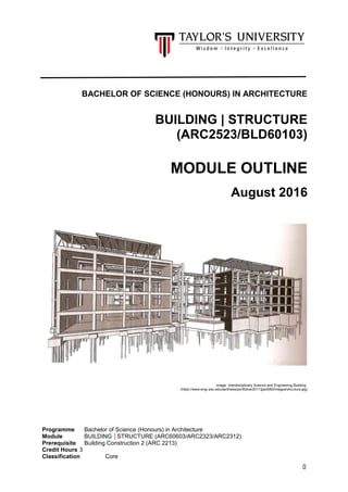0
BACHELOR OF SCIENCE (HONOURS) IN ARCHITECTURE
BUILDING | STRUCTURE
(ARC2523/BLD60103)
MODULE OUTLINE
August 2016
Image: Interdisciplinary Science and Engineering Building
(https://www.engr.psu.edu/ae/thesis/portfolios/2011/jpp5060/images/structure.jpg)
Programme Bachelor of Science (Honours) in Architecture
Module BUILDING │STRUCTURE (ARC60603/ARC2323/ARC2312)
Prerequisite Building Construction 2 (ARC 2213)
Credit Hours 3
Classification Core
 
