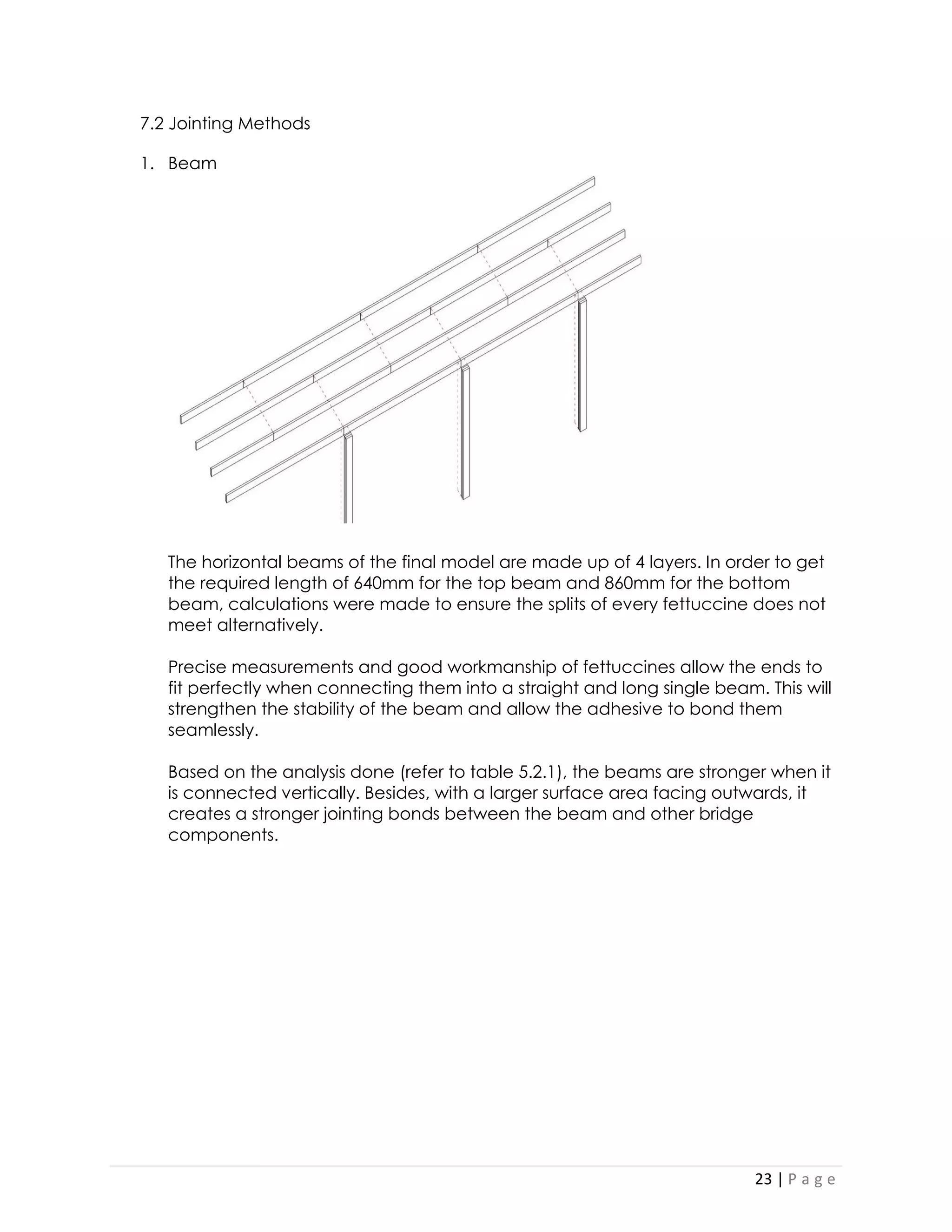 23 | P a g e 
7.2 Jointing Methods 
1. Beam 
The horizontal beams of the final model are made up of 4 layers. In order to get the required length of 640mm for the top beam and 860mm for the bottom beam, calculations were made to ensure the splits of every fettuccine does not meet alternatively. 
Precise measurements and good workmanship of fettuccines allow the ends to fit perfectly when connecting them into a straight and long single beam. This will strengthen the stability of the beam and allow the adhesive to bond them seamlessly. 
Based on the analysis done (refer to table 5.2.1), the beams are stronger when it is connected vertically. Besides, with a larger surface area facing outwards, it creates a stronger jointing bonds between the beam and other bridge components. 
 