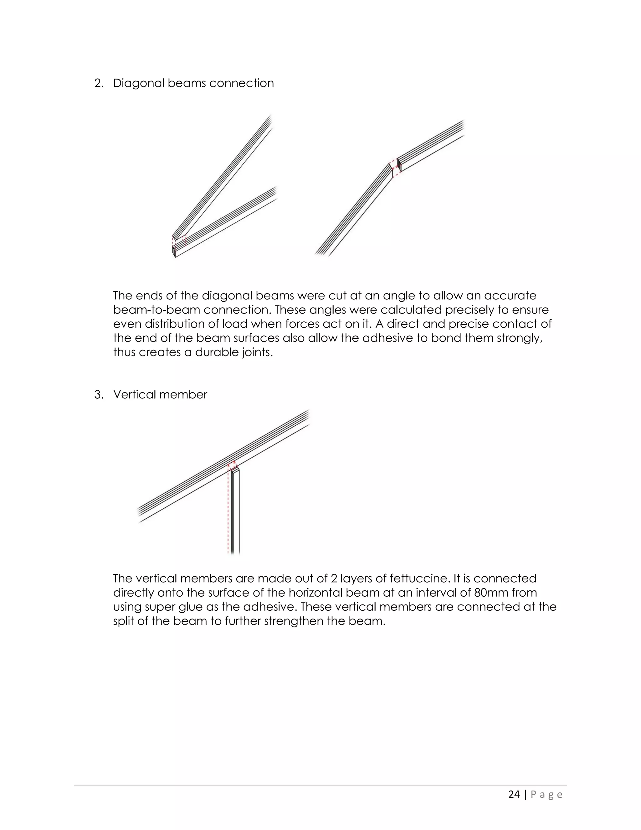 24 | P a g e 
2. Diagonal beams connection 
The ends of the diagonal beams were cut at an angle to allow an accurate beam-to-beam connection. These angles were calculated precisely to ensure even distribution of load when forces act on it. A direct and precise contact of the end of the beam surfaces also allow the adhesive to bond them strongly, thus creates a durable joints. 
3. Vertical member 
The vertical members are made out of 2 layers of fettuccine. It is connected directly onto the surface of the horizontal beam at an interval of 80mm from using super glue as the adhesive. These vertical members are connected at the split of the beam to further strengthen the beam. 
 