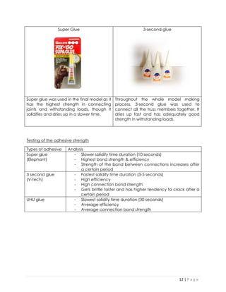 12 | P a g e 
Super Glue 
3-second glue 
Super glue was used in the final model as it has the highest strength in connecting joints and withstanding loads, though it solidifies and dries up in a slower time. 
Throughout the whole model making process, 3-second glue was used to connect all the truss members together. It dries up fast and has adequately good strength in withstanding loads. 
Testing of the adhesive strength 
Types of adhesive 
Analysis 
Super glue (Elephant) 
- Slower solidify time duration (10 seconds) 
- Highest bond strength & efficiency 
- Strength of the bond between connections increases after a certain period 
3 second glue 
(V-tech) 
- Fastest solidify time duration (3-5 seconds) 
- High efficiency 
- High connection bond strength 
- Gets brittle faster and has higher tendency to crack after a certain period 
UHU glue 
- Slowest solidify time duration (30 seconds) 
- Average efficiency 
- Average connection bond strength  