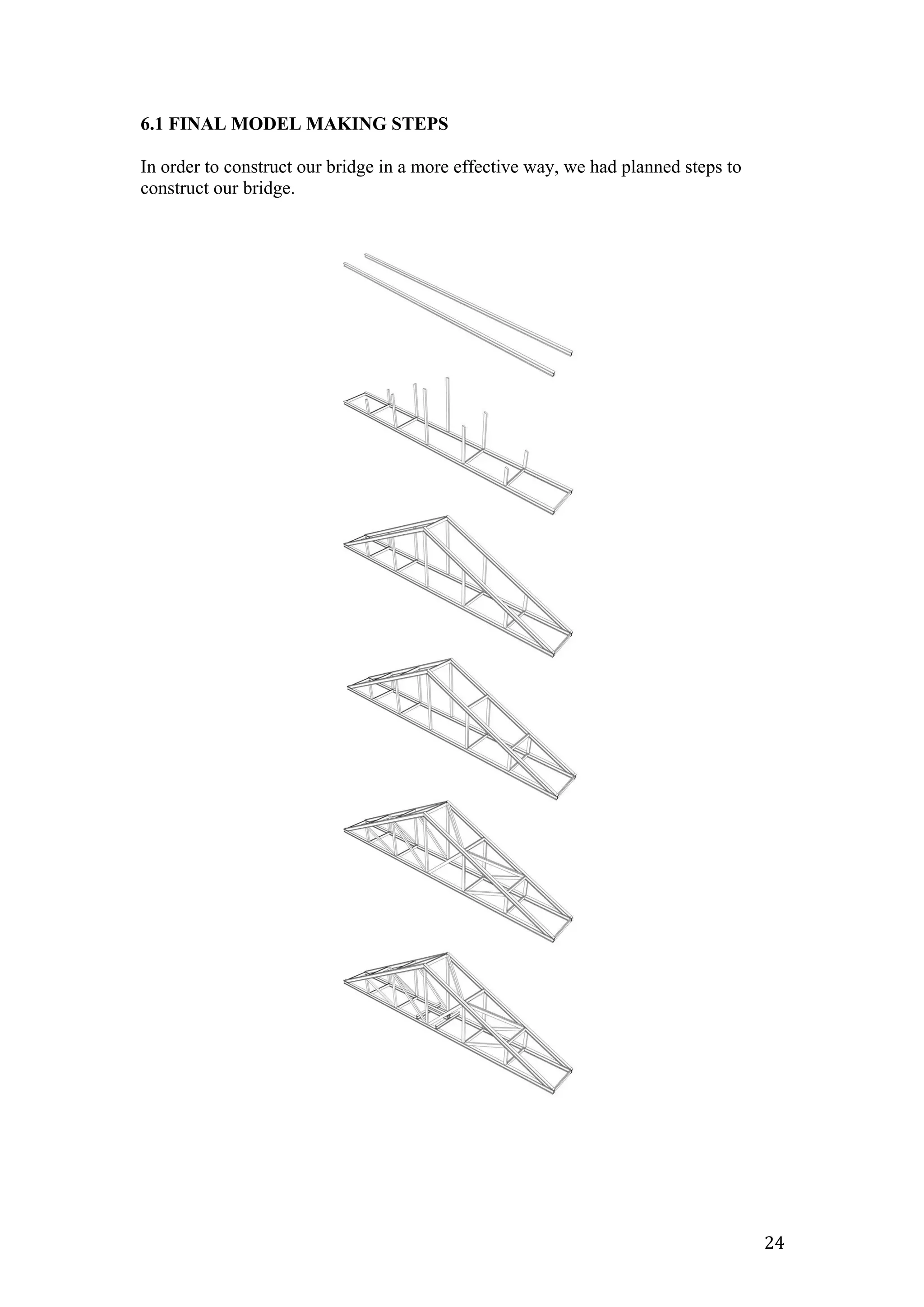   24	
  
6.1 FINAL MODEL MAKING STEPS
In order to construct our bridge in a more effective way, we had planned steps to
construct our bridge.
 