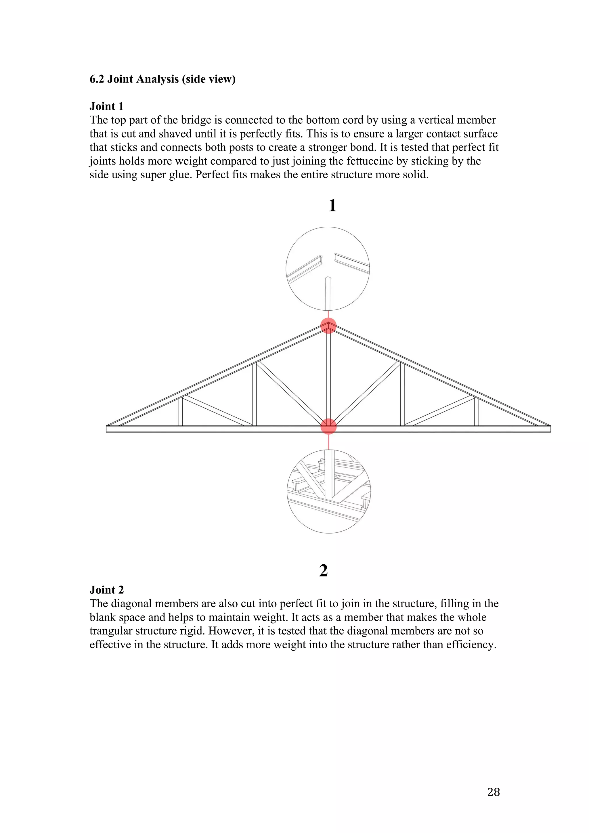   28	
  
6.2 Joint Analysis (side view)
Joint 1
The top part of the bridge is connected to the bottom cord by using a vertical member
that is cut and shaved until it is perfectly fits. This is to ensure a larger contact surface
that sticks and connects both posts to create a stronger bond. It is tested that perfect fit
joints holds more weight compared to just joining the fettuccine by sticking by the
side using super glue. Perfect fits makes the entire structure more solid.
Joint 2
The diagonal members are also cut into perfect fit to join in the structure, filling in the
blank space and helps to maintain weight. It acts as a member that makes the whole
trangular structure rigid. However, it is tested that the diagonal members are not so
effective in the structure. It adds more weight into the structure rather than efficiency.
1
2
 