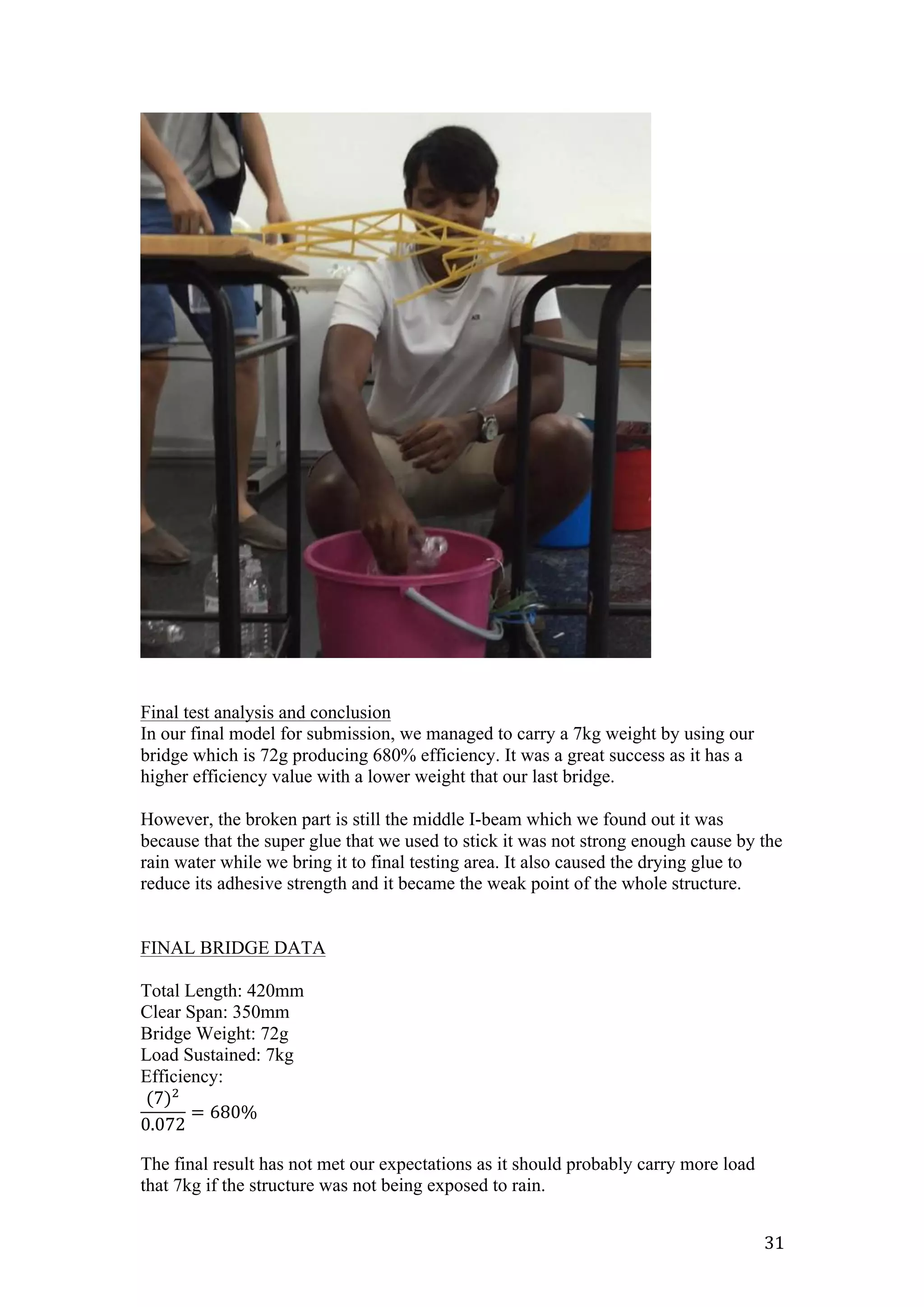   31	
  
Final test analysis and conclusion
In our final model for submission, we managed to carry a 7kg weight by using our
bridge which is 72g producing 680% efficiency. It was a great success as it has a
higher efficiency value with a lower weight that our last bridge.
However, the broken part is still the middle I-beam which we found out it was
because that the super glue that we used to stick it was not strong enough cause by the
rain water while we bring it to final testing area. It also caused the drying glue to
reduce its adhesive strength and it became the weak point of the whole structure.
FINAL BRIDGE DATA
Total Length: 420mm
Clear Span: 350mm
Bridge Weight: 72g
Load Sustained: 7kg
Efficiency:
(7)!
0.072
= 680%
The final result has not met our expectations as it should probably carry more load
that 7kg if the structure was not being exposed to rain.
 