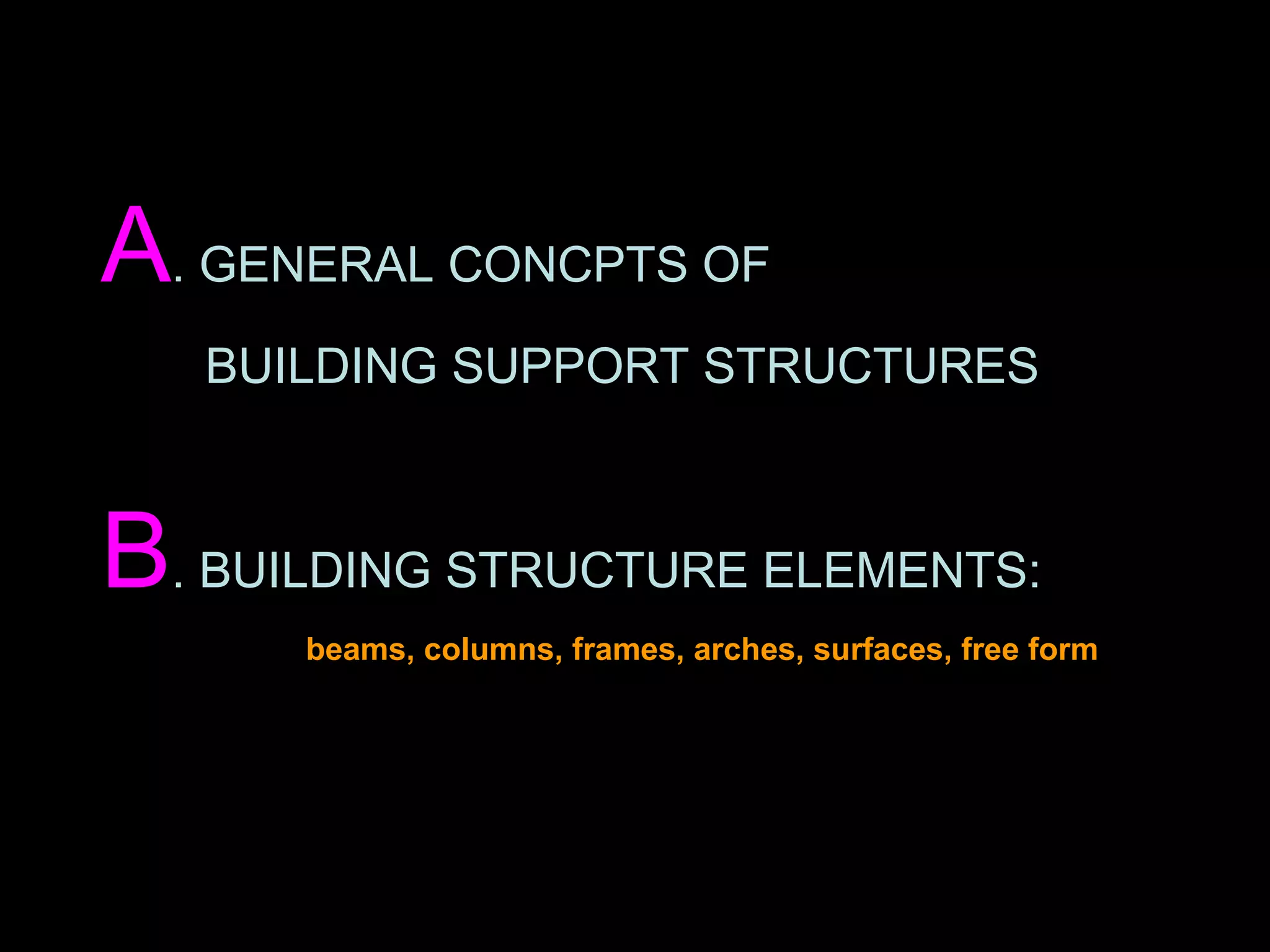 A. GENERAL CONCPTS OF
BUILDING SUPPORT STRUCTURES
B. BUILDING STRUCTURE ELEMENTS:
beams, columns, frames, arches, surfaces, free form
 