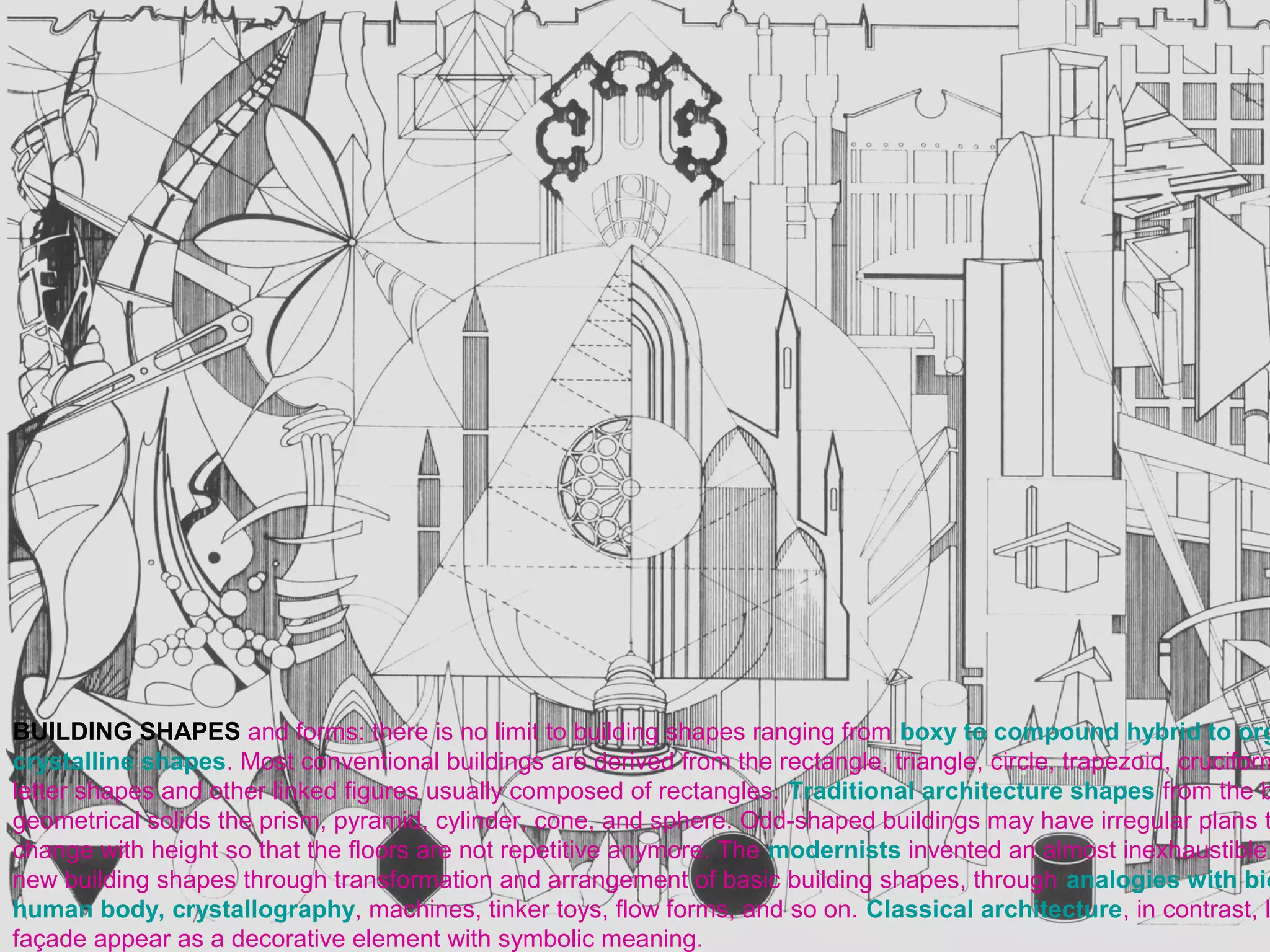 BUILDING SHAPES and forms: there is no limit to building shapes ranging from boxy to compound hybrid to org
crystalline shapes. Most conventional buildings are derived from the rectangle, triangle, circle, trapezoid, cruciform
letter shapes and other linked figures usually composed of rectangles. Traditional architecture shapes from the b
geometrical solids the prism, pyramid, cylinder, cone, and sphere. Odd-shaped buildings may have irregular plans t
change with height so that the floors are not repetitive anymore. The modernists invented an almost inexhaustible
new building shapes through transformation and arrangement of basic building shapes, through analogies with bio
human body, crystallography, machines, tinker toys, flow forms, and so on. Classical architecture, in contrast, l
façade appear as a decorative element with symbolic meaning.
 
