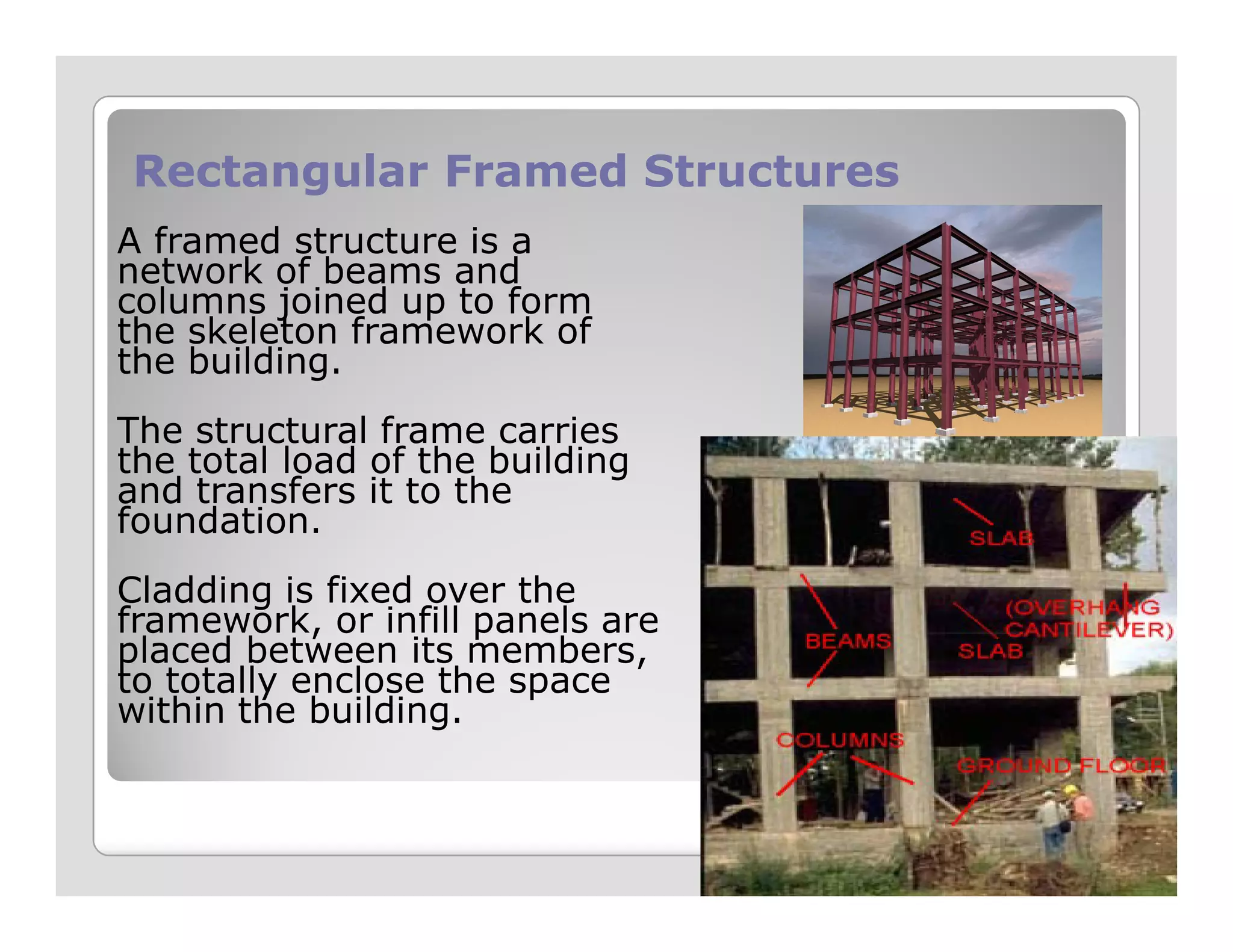 Rectangular Framed StructuresRectangular Framed Structures
A framed structure is a
network of beams and
columns joined up to form
the skeleton framework of
the building.
The structural frame carries
the total load of the building
and transfers it to the
the total load of the building
and transfers it to the
foundation.
Cladding is fixed over the
framework, or infill panels are
placed between its members,
to totally enclose the space
within the building.
 