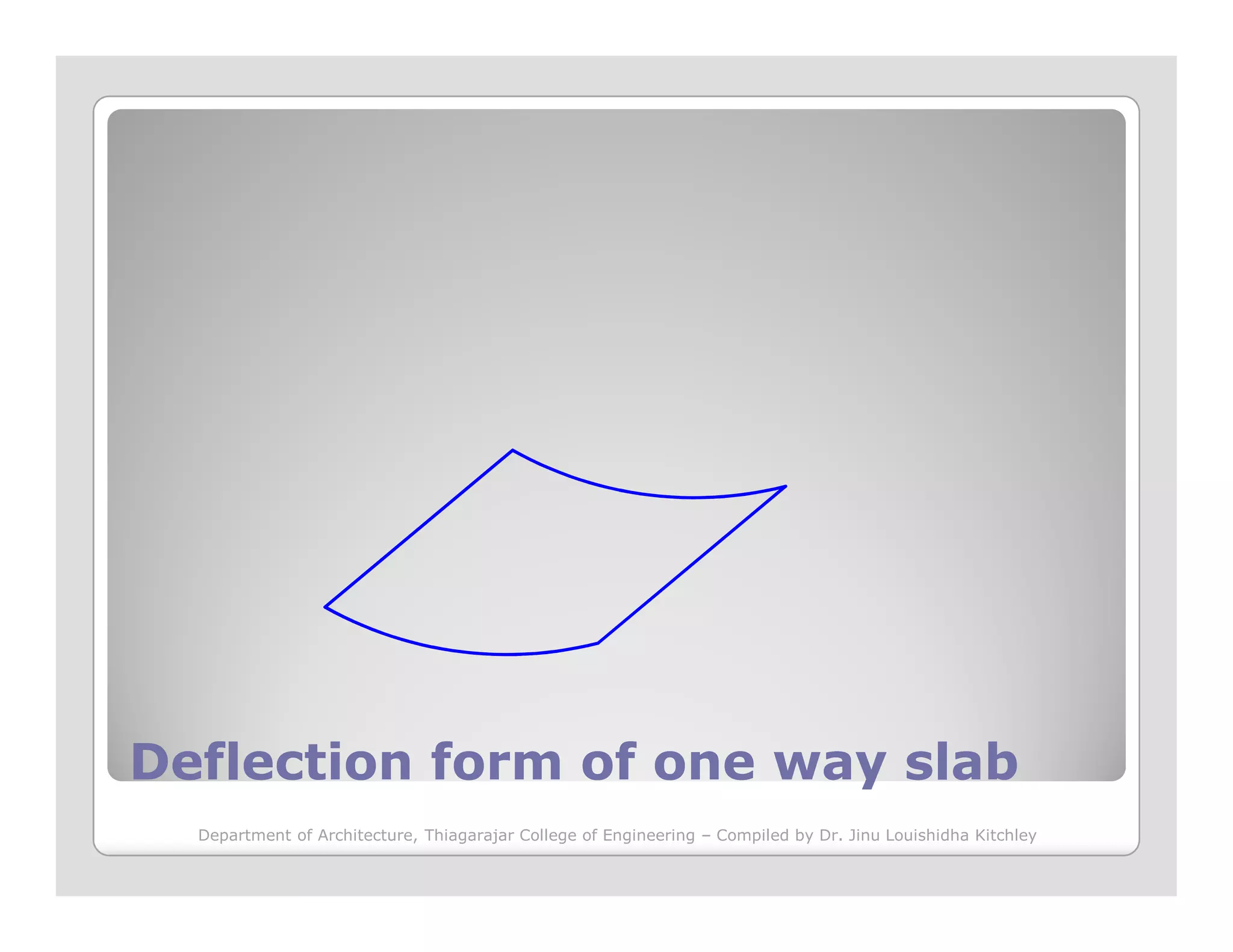 Deflection form of one way slabDeflection form of one way slab
Department of Architecture, Thiagarajar College of Engineering – Compiled by Dr. Jinu Louishidha Kitchley
 