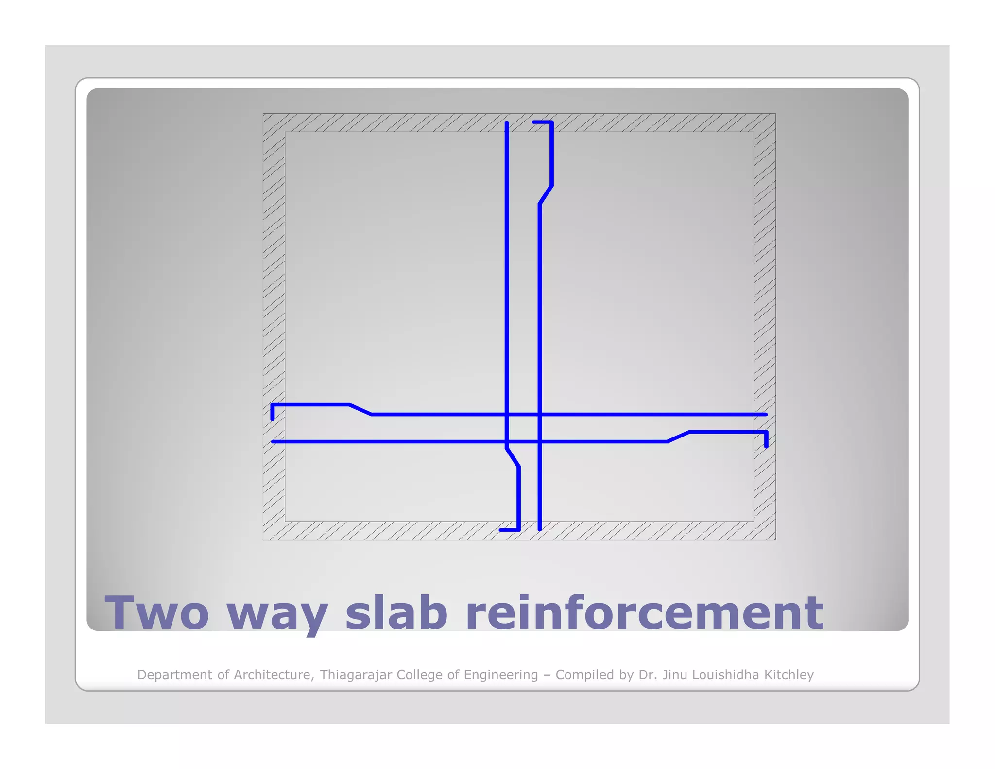 Two way slab reinforcementTwo way slab reinforcement
Department of Architecture, Thiagarajar College of Engineering – Compiled by Dr. Jinu Louishidha Kitchley
 