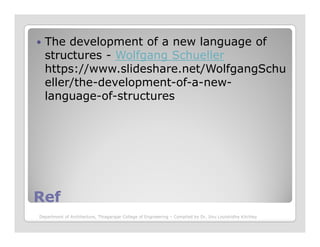 The development of a new language of
structures - Wolfgang Schueller
https://www.slideshare.net/WolfgangSchu
eller/the-development-of-a-new-
language-of-structures
RefRef
Department of Architecture, Thiagarajar College of Engineering – Compiled by Dr. Jinu Louishidha Kitchley
 