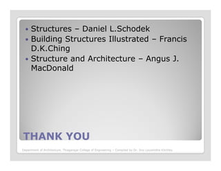 Structures – Daniel L.Schodek
Building Structures Illustrated – Francis
D.K.Ching
Structure and Architecture – Angus J.
MacDonald
THANK YOUTHANK YOU
Department of Architecture, Thiagarajar College of Engineering – Compiled by Dr. Jinu Louishidha Kitchley
 