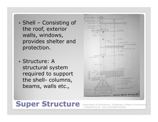 Shell – Consisting of
the roof, exterior
walls, windows,
provides shelter and
protection.
Structure: A
Super StructureSuper Structure
Structure: A
structural system
required to support
the shell- columns,
beams, walls etc.,
Department of Architecture, Thiagarajar College of Engineering
– Compiled by Dr. Jinu Louishidha Kitchley
 