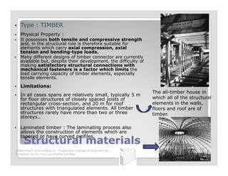 Type : TIMBER
Physical Property :
It possesses both tensile and compressive strength
and, in the structural role is therefore suitable for
elements which carry axial compression, axial
tension and bending-type loads.
Many different designs of timber connector are currently
available but, despite their development, the difficulty of
making satisfactory structural connections with
mechanical fasteners is a factor which limits the
load carrying capacity of timber elements, especially
tensile elements.
Limitations:
Structural materialsStructural materials
Limitations:
In all cases spans are relatively small, typically 5 m
for floor structures of closely spaced joists of
rectangular cross-section, and 20 m for roof
structures with triangulated elements. All timber
structures rarely have more than two or three
storeys..
Laminated timber : The laminating process also
allows the construction of elements which are
tapered or have curved profiles.
The all-timber house in
which all of the structural
elements in the walls,
floors and roof are of
timber.
Department of Architecture, Thiagarajar College of Engineering –
Compiled by Dr. Jinu Louishidha Kitchley
 
