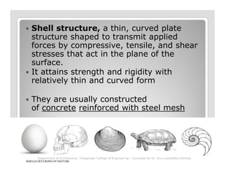 Shell structure, a thin, curved plate
structure shaped to transmit applied
forces by compressive, tensile, and shear
stresses that act in the plane of the
surface.
It attains strength and rigidity with
relatively thin and curved form
They are usually constructed
of concrete reinforced with steel mesh
Department of Architecture, Thiagarajar College of Engineering – Compiled by Dr. Jinu Louishidha Kitchley
 