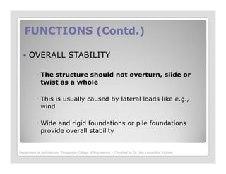 FUNCTIONS (Contd.)FUNCTIONS (Contd.)
OVERALL STABILITY
The structure should not overturn, slide or
twist as a whole
This is usually caused by lateral loads like e.g.,
wind
Wide and rigid foundations or pile foundations
provide overall stability
Department of Architecture, Thiagarajar College of Engineering – Compiled by Dr. Jinu Louishidha Kitchley
 