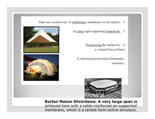 Barton Malow Silverdome. A very large span is
achieved here with a cable-reinforced air-supported
membrane, which is a tensile form-active structure.
 